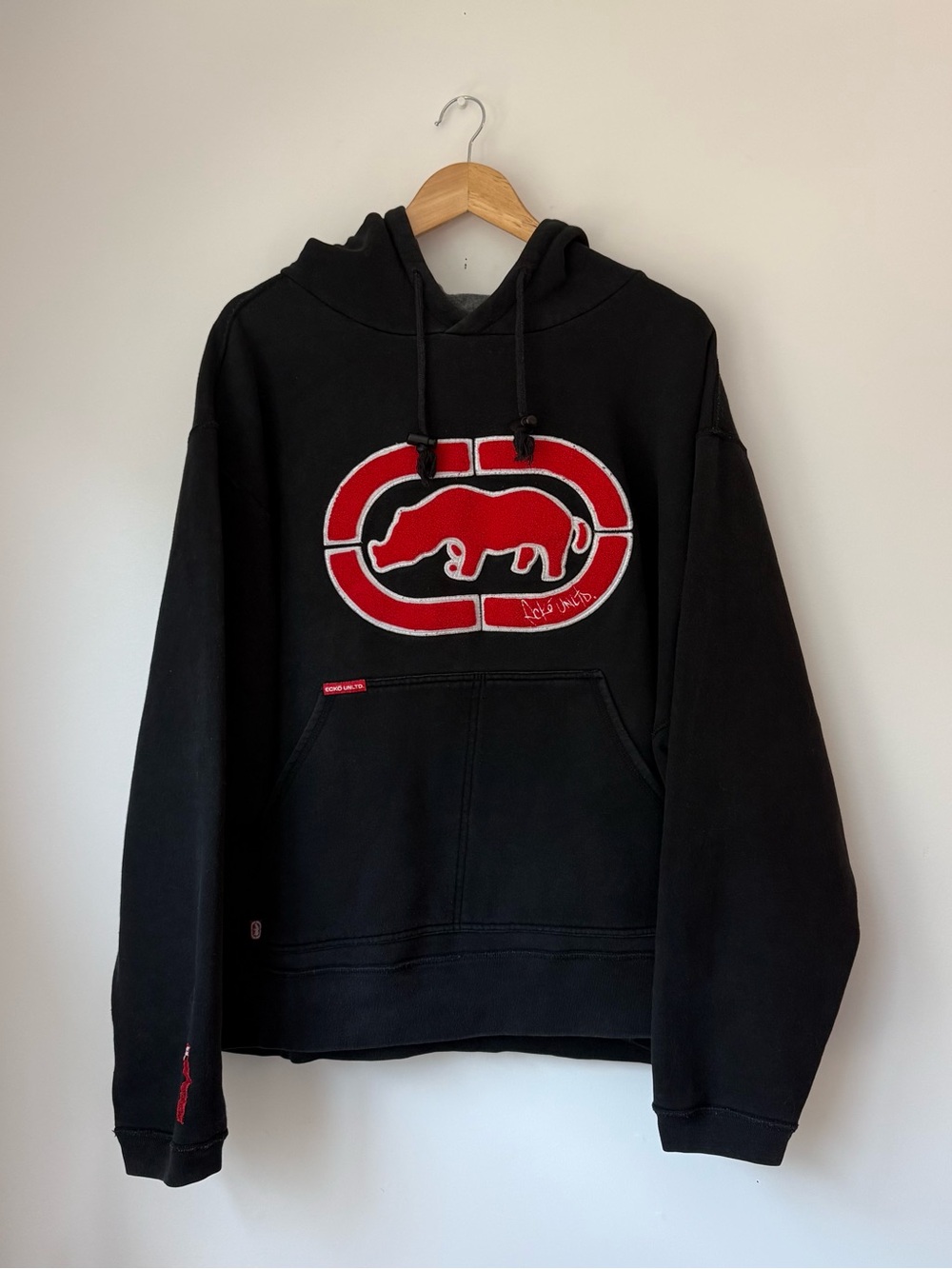 Vintage Ecko Unltd Heavyweight Black Pullover Hoodie Big Chenille Rhino Logo XL